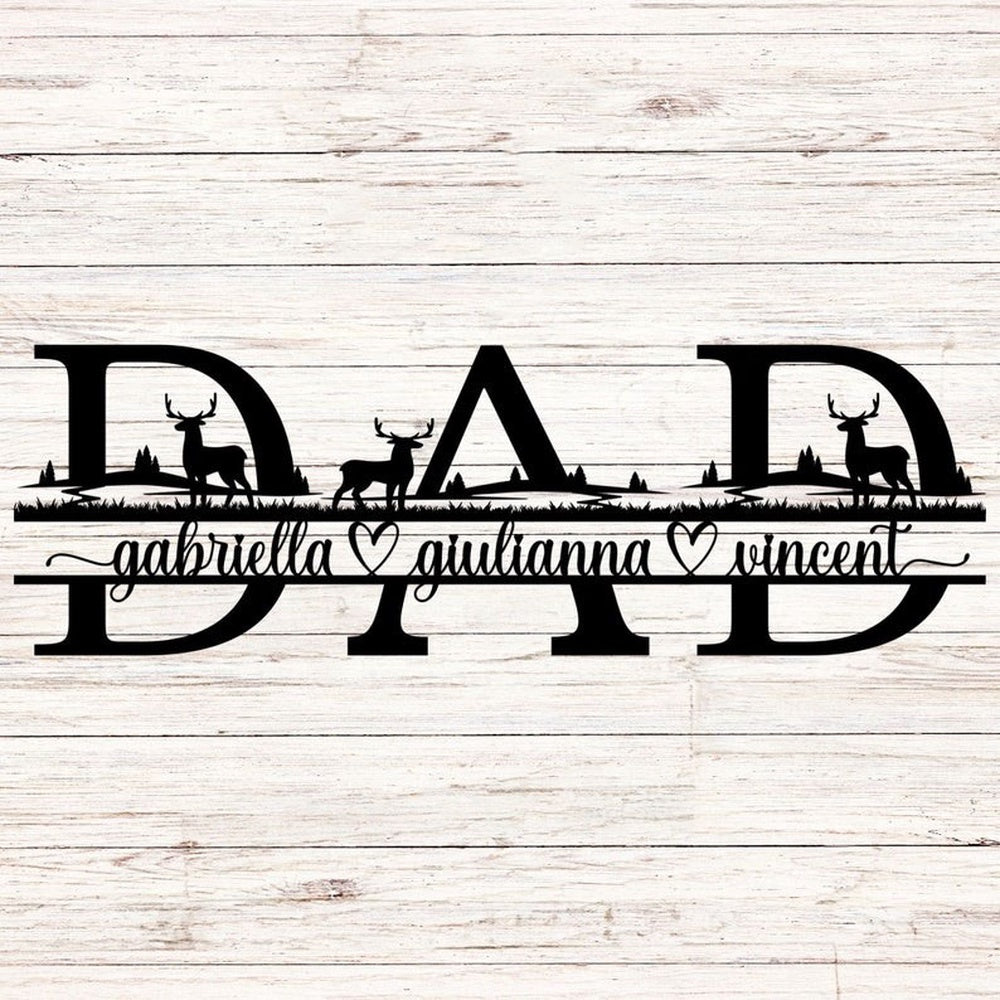 Farm Metal Sign, DAD Deer Scene Monogram Dad Sign with Kids Names Custom Metal Signs
