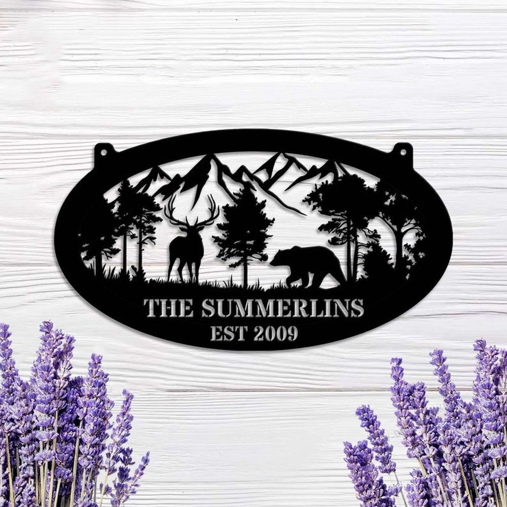 Farm Metal Sign, Deer and Bear Deer Cabin Sign Mountain Forest Custom Metal Signs
