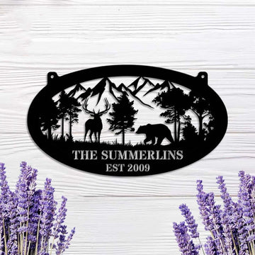 Farm Metal Sign, Deer and Bear Deer Cabin Sign Mountain Forest Custom Metal Signs