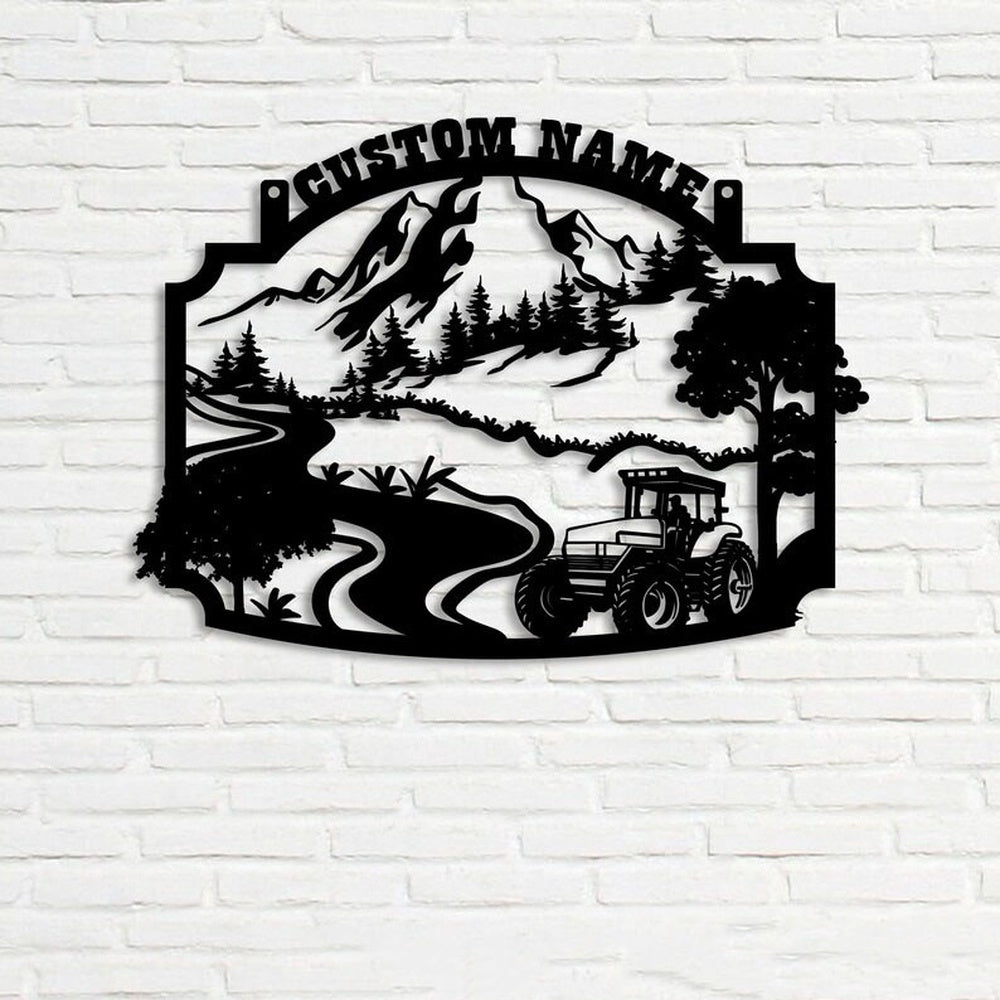 Farm Metal Sign, Farm Scene Tractor on Field Pine Forest and Mountain Custom Metal Signs