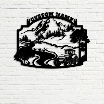 Farm Metal Sign, Farm Scene Tractor on Field Pine Forest and Mountain Custom Metal Signs