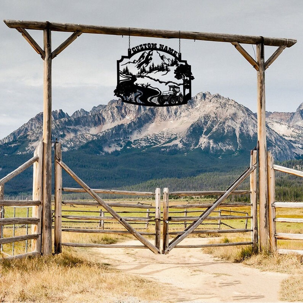 Farm Metal Sign, Farm Scene Tractor on Field Pine Forest and Mountain Custom Metal Signs