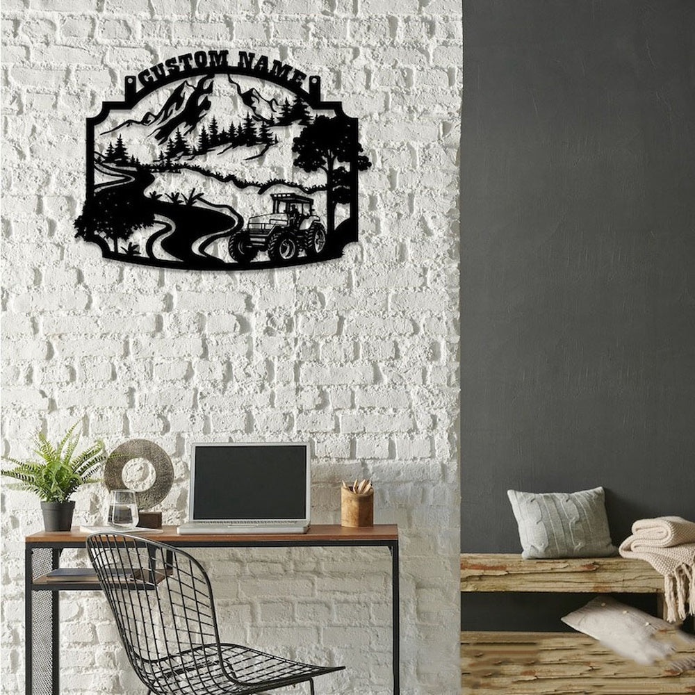 Farm Metal Sign, Farm Scene Tractor on Field Pine Forest and Mountain Custom Metal Signs