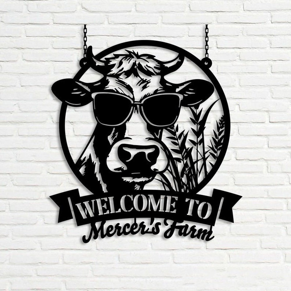 Farm Metal Sign, Funny Cow Wearing Glasses Welcome to the Farm Custom Metal Signs