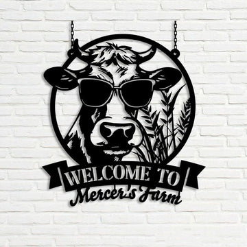 Farm Metal Sign, Funny Cow Wearing Glasses Welcome to the Farm Custom Metal Signs