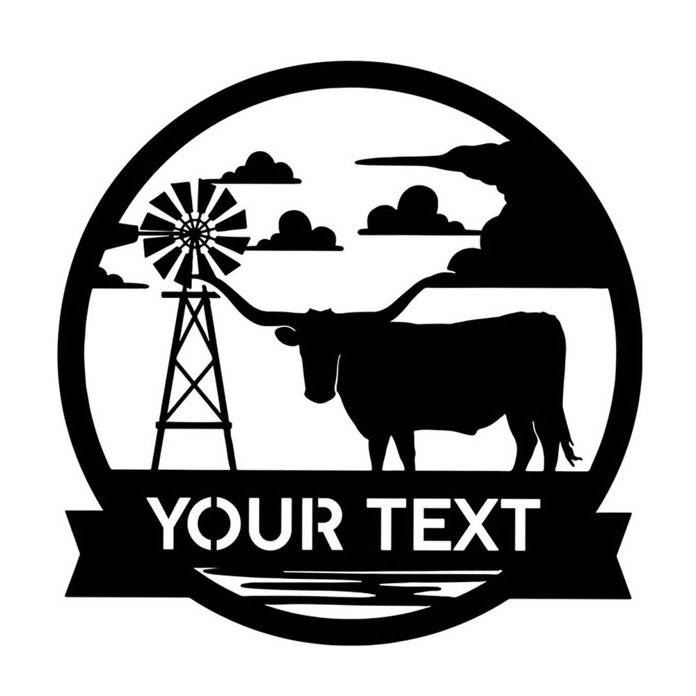 Farm Metal Sign, Longhorn Windmill Metal Sign Personalized Metal Name Sign Housefarm Decor
