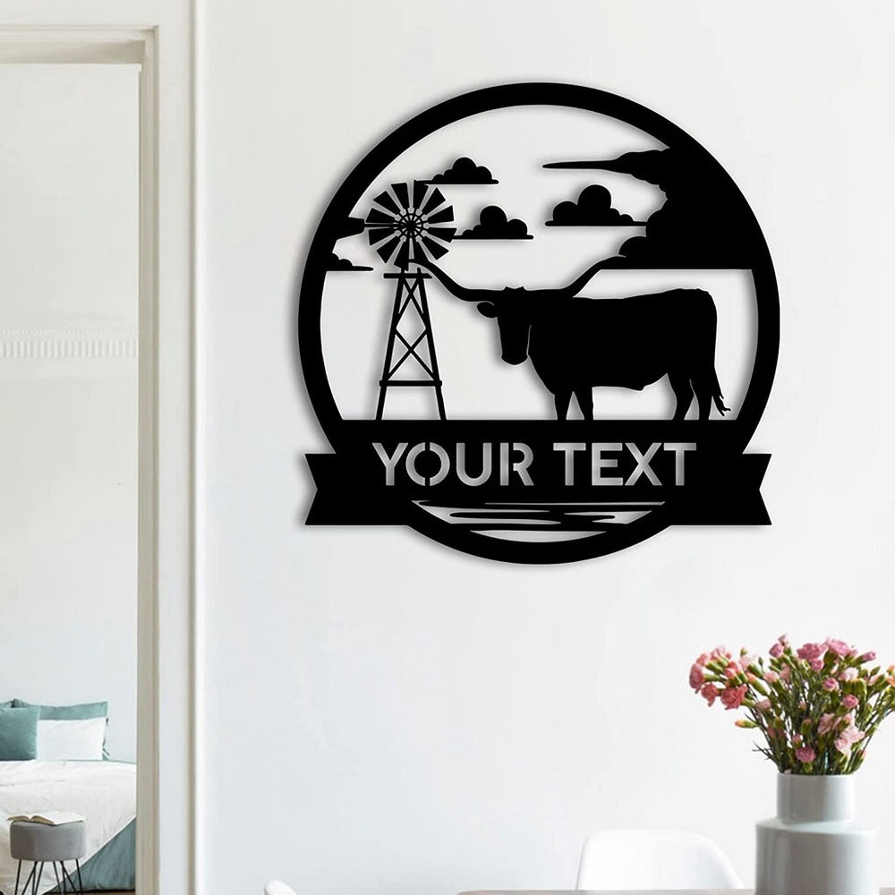 Farm Metal Sign, Longhorn Windmill Metal Sign Personalized Metal Name Sign Housefarm Decor