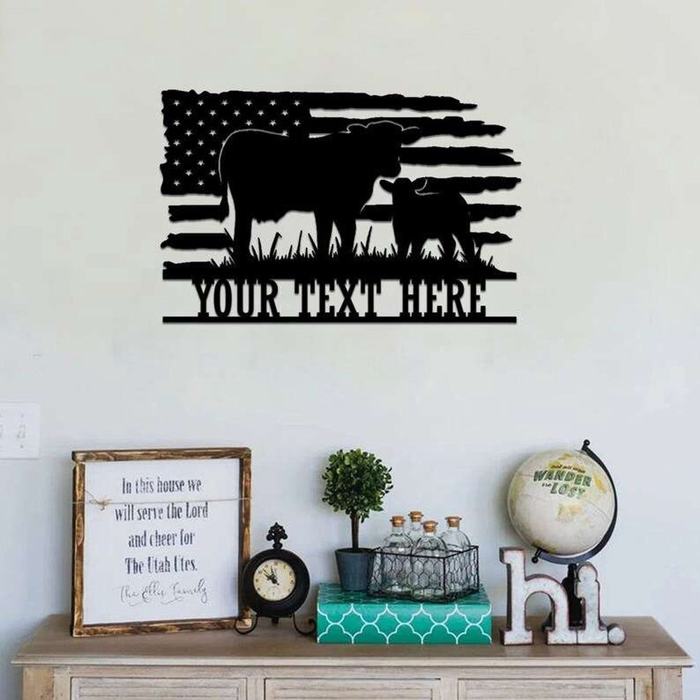 Farm Metal Sign, Metal US Flag Cow Farmhouse Sign Custom Farm Decor