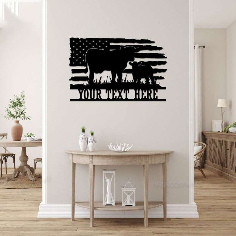 Farm Metal Sign, Metal US Flag Cow Farmhouse Sign Custom Farm Decor