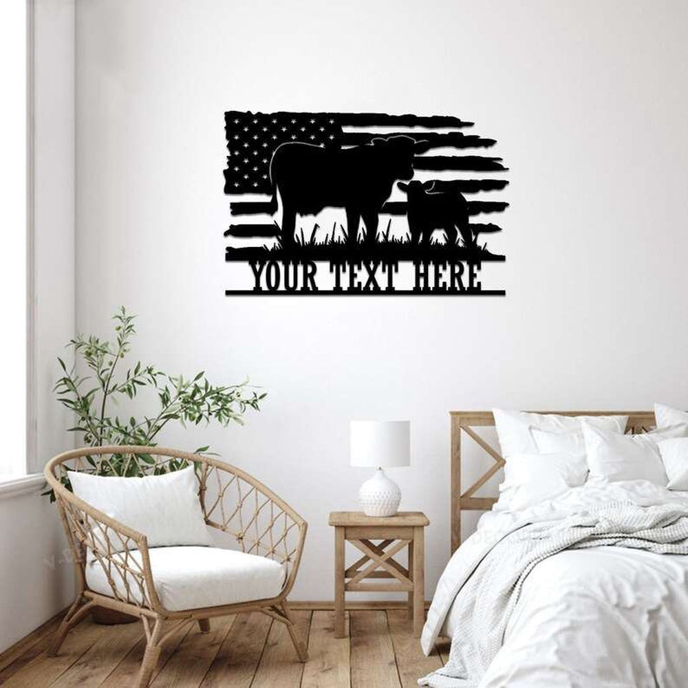 Farm Metal Sign, Metal US Flag Cow Farmhouse Sign Custom Farm Decor
