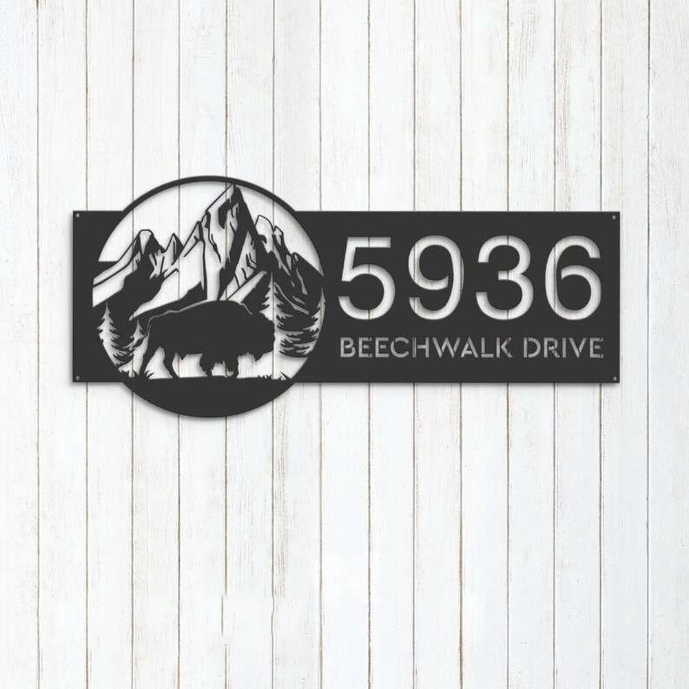 Farm Metal Sign, Personalized Bison Buffalo on Mountain Address Sign House Number Plaque Custom Metal Sign