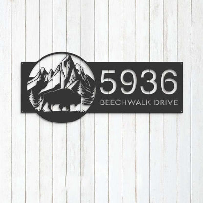 Farm Metal Sign, Personalized Bison Buffalo on Mountain Address Sign House Number Plaque Custom Metal Sign