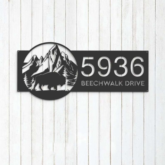 Farm Metal Sign, Personalized Bison Buffalo on Mountain Address Sign House Number Plaque Custom Metal Sign