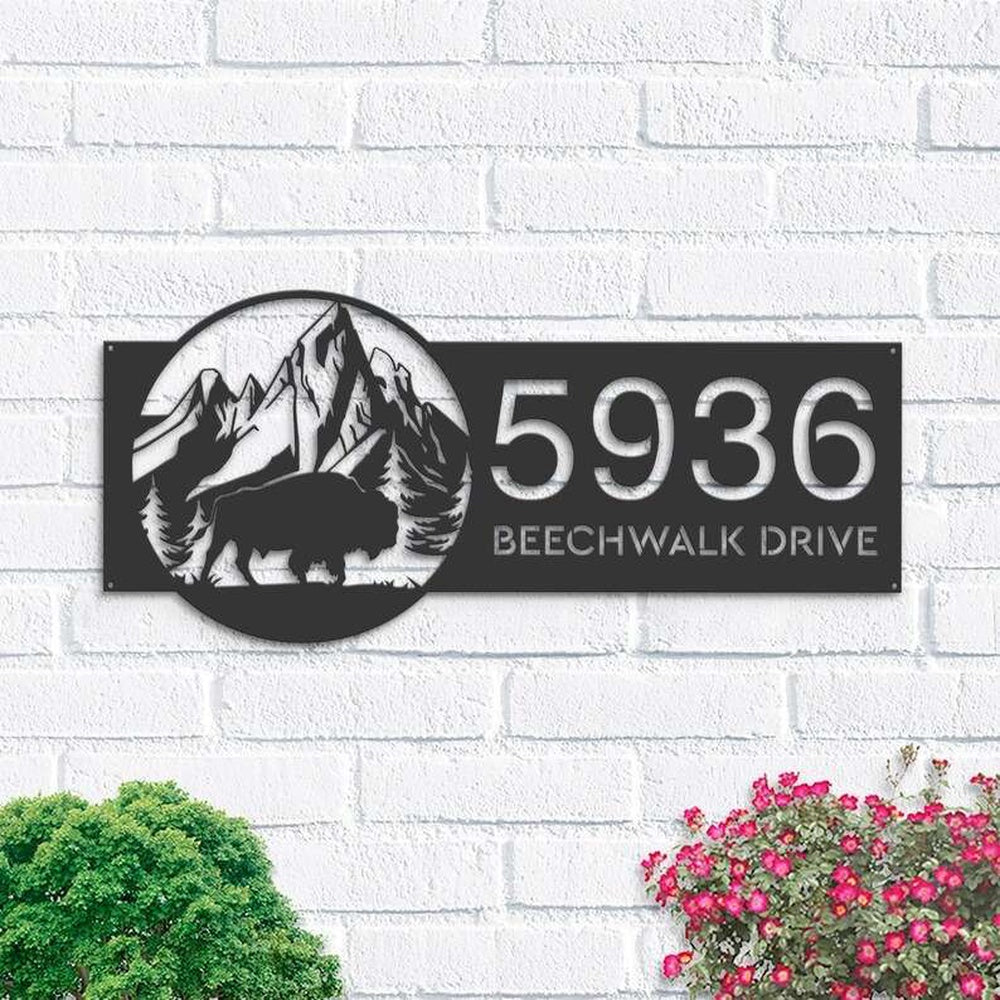 Farm Metal Sign, Personalized Bison Buffalo on Mountain Address Sign House Number Plaque Custom Metal Sign