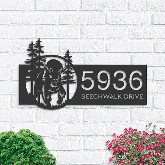 Farm Metal Sign, Personalized Bison Forest Wild Life Address Sign House Number Plaque Custom Metal Sign