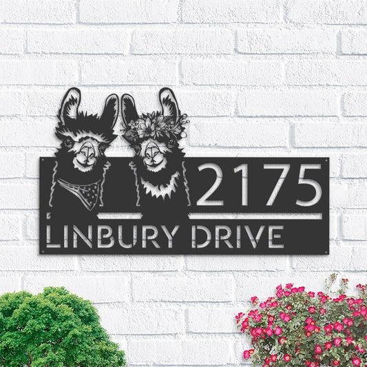 Farm Metal Sign, Personalized Couple Llama Address Sign House Number Plaque Custom Metal Sign