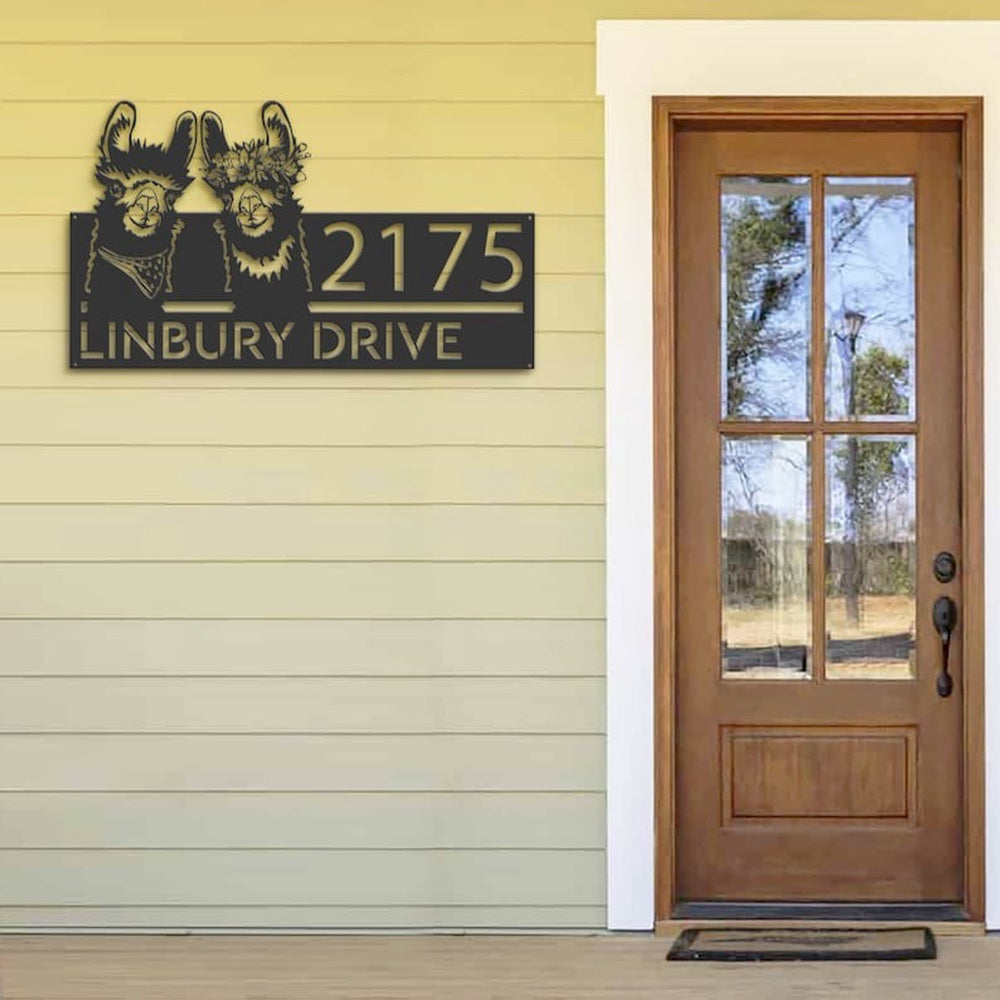 Farm Metal Sign, Personalized Couple Llama Address Sign House Number Plaque Custom Metal Sign