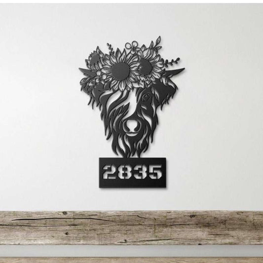 Farm Metal Sign, Personalized Cow Sunflower Address Sign Highland Cattle House Number Plaque Custom Metal Sign