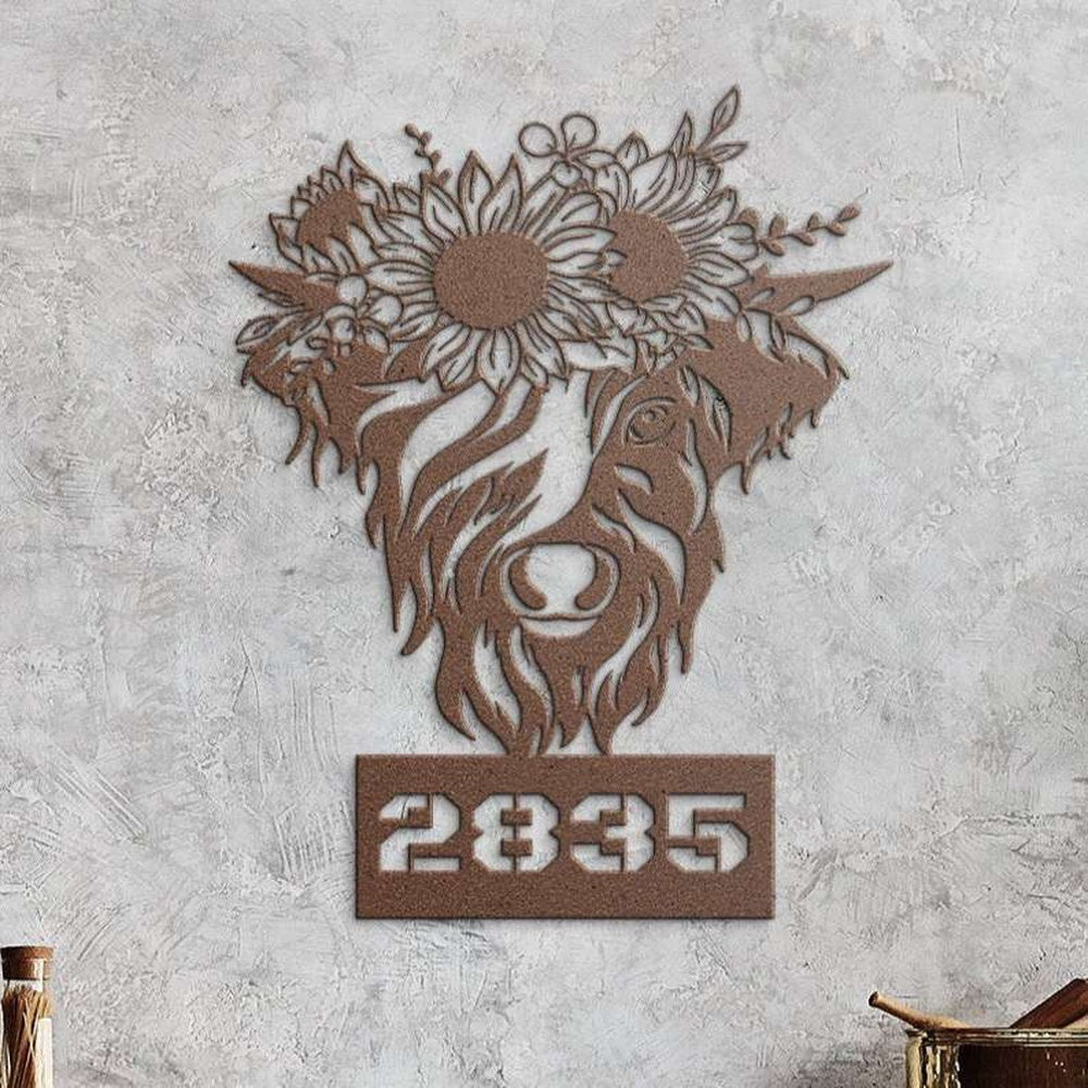 Farm Metal Sign, Personalized Cow Sunflower Address Sign Highland Cattle House Number Plaque Custom Metal Sign
