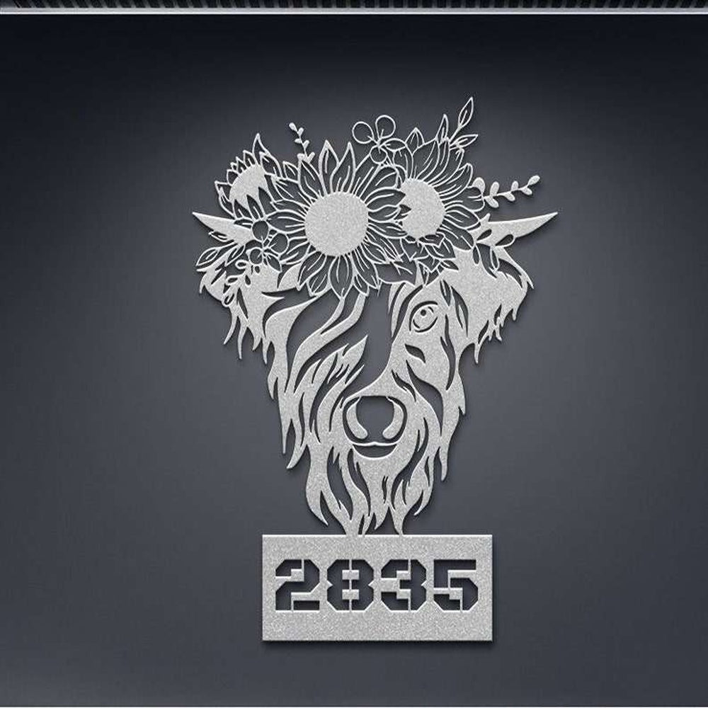 Farm Metal Sign, Personalized Cow Sunflower Address Sign Highland Cattle House Number Plaque Custom Metal Sign