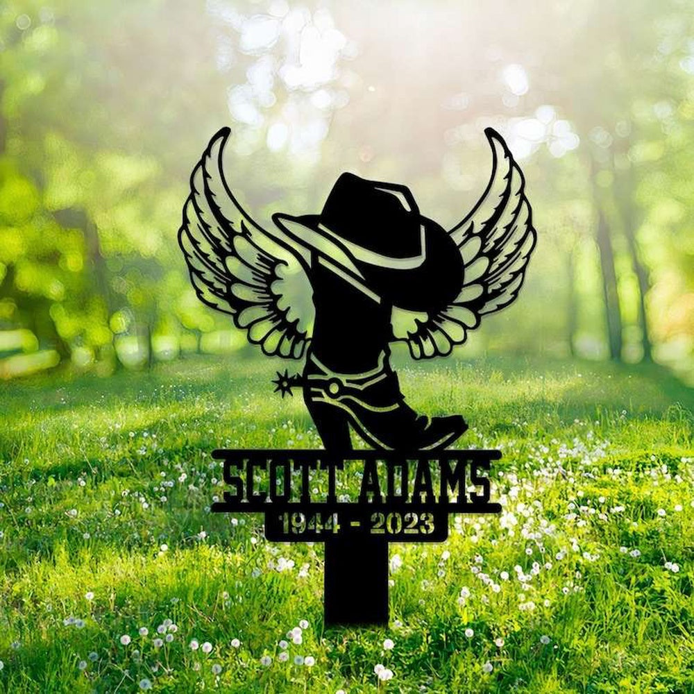 Farm Metal Sign, Personalized Cowboy Boot Hat With Wings Memorial Sign Yard Stakes Grave Marker Cemetery Decor Custom Metal Sign