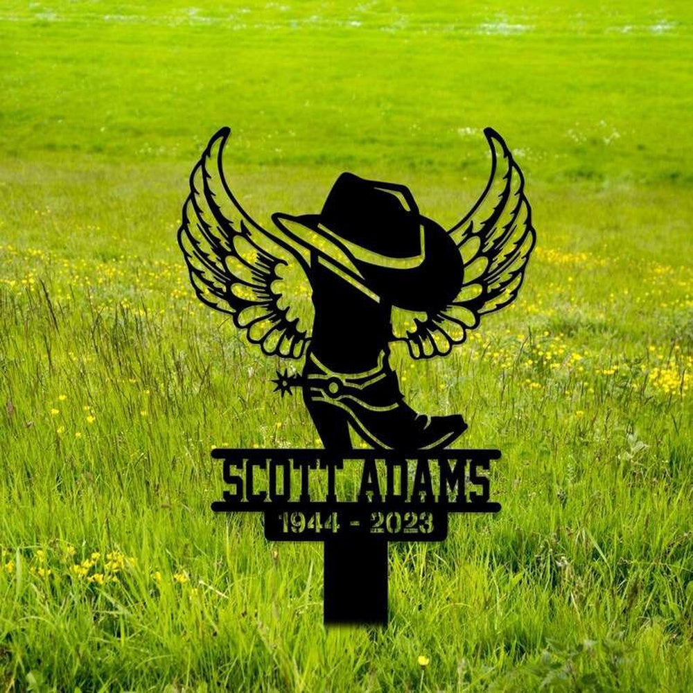 Farm Metal Sign, Personalized Cowboy Boot Hat With Wings Memorial Sign Yard Stakes Grave Marker Cemetery Decor Custom Metal Sign