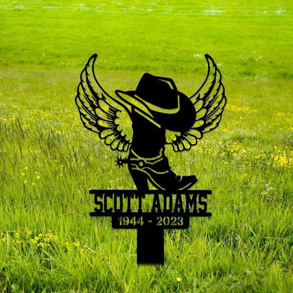 Farm Metal Sign, Personalized Cowboy Boot Hat With Wings Memorial Sign Yard Stakes Grave Marker Cemetery Decor Custom Metal Sign
