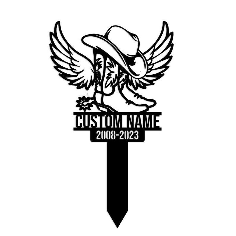 Farm Metal Sign, Personalized Cowboy Cowgirl Boot Hat With Wings Memorial Sign Yard Stakes Grave Marker Cemetery Decor Custom Metal Sign