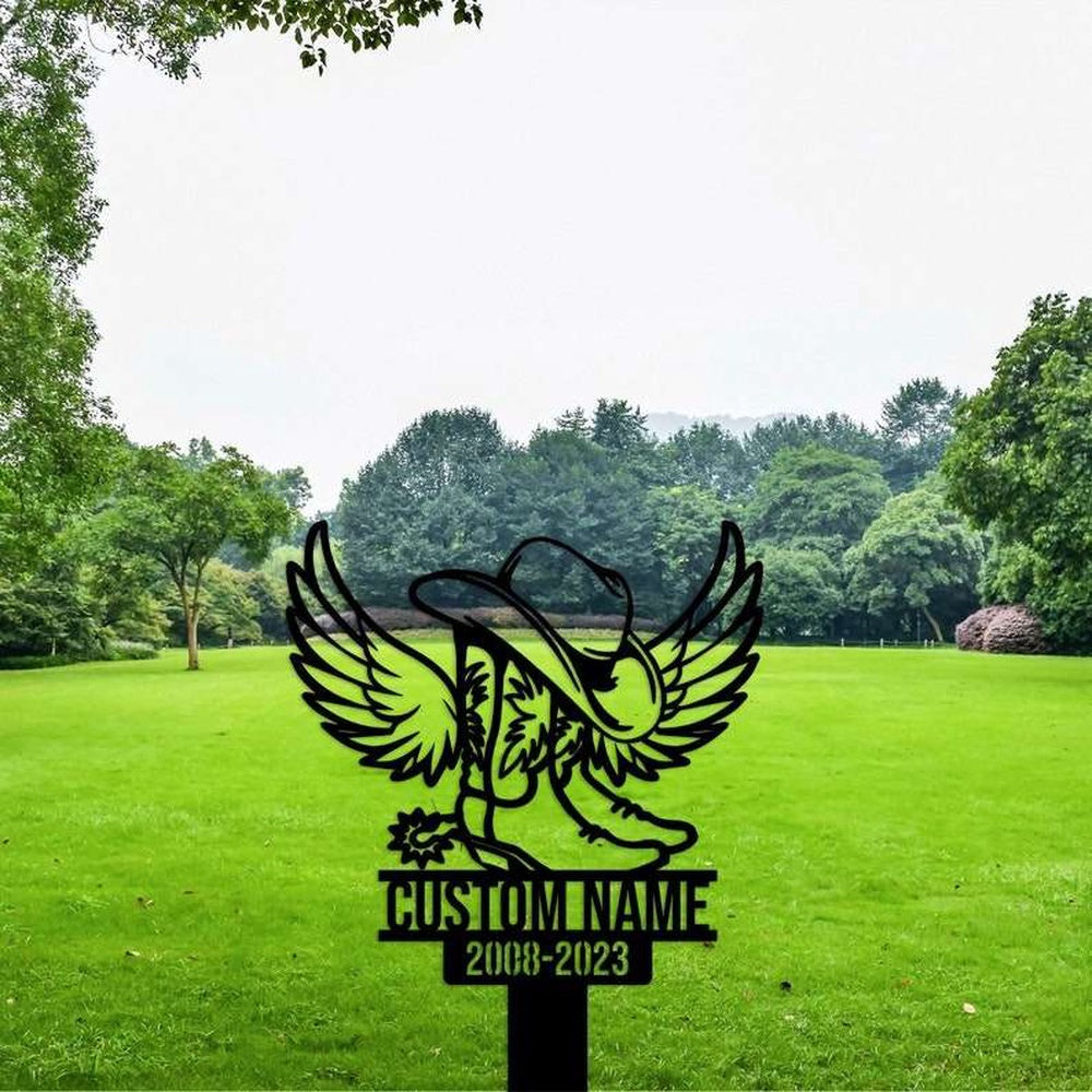 Farm Metal Sign, Personalized Cowboy Cowgirl Boot Hat With Wings Memorial Sign Yard Stakes Grave Marker Cemetery Decor Custom Metal Sign