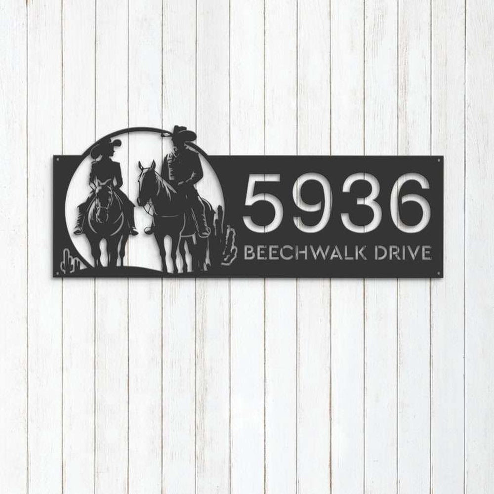 Farm Metal Sign, Personalized Cowboy Cowgirl Couple Horse Rider Farm Ranch Address Sign House Number Plaque Custom Metal Sign