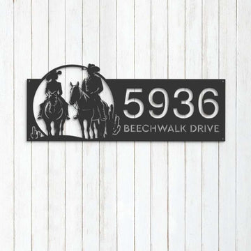 Farm Metal Sign, Personalized Cowboy Cowgirl Couple Horse Rider Farm Ranch Address Sign House Number Plaque Custom Metal Sign