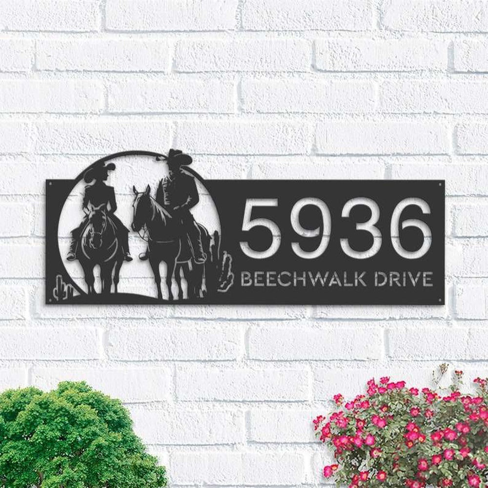 Farm Metal Sign, Personalized Cowboy Cowgirl Couple Horse Rider Farm Ranch Address Sign House Number Plaque Custom Metal Sign