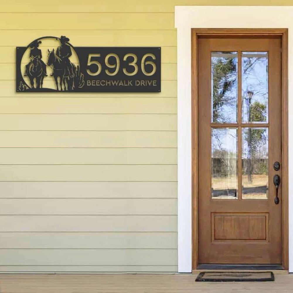 Farm Metal Sign, Personalized Cowboy Cowgirl Couple Horse Rider Farm Ranch Address Sign House Number Plaque Custom Metal Sign