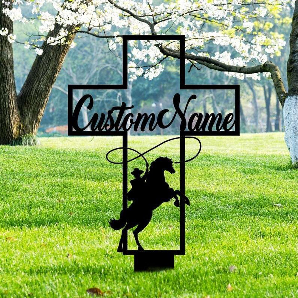 Farm Metal Sign, Personalized Cowboy Riding Horse Memorial Sign Yard Stakes Cowboy Grave Marker Cemetery Decor Custom Metal Sign