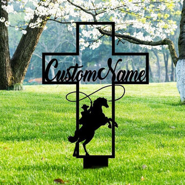 Farm Metal Sign, Personalized Cowboy Riding Horse Memorial Sign Yard Stakes Cowboy Grave Marker Cemetery Decor Custom Metal Sign