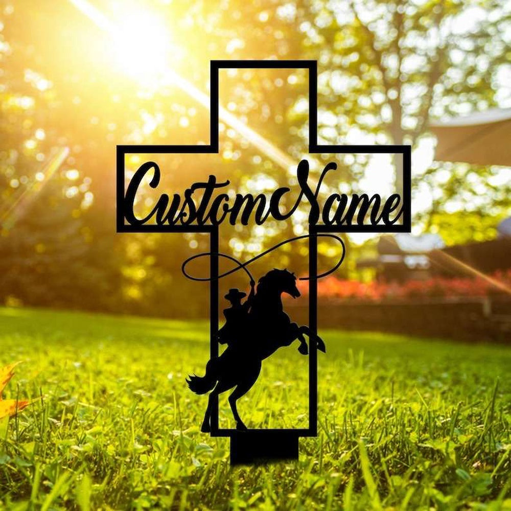 Farm Metal Sign, Personalized Cowboy Riding Horse Memorial Sign Yard Stakes Cowboy Grave Marker Cemetery Decor Custom Metal Sign