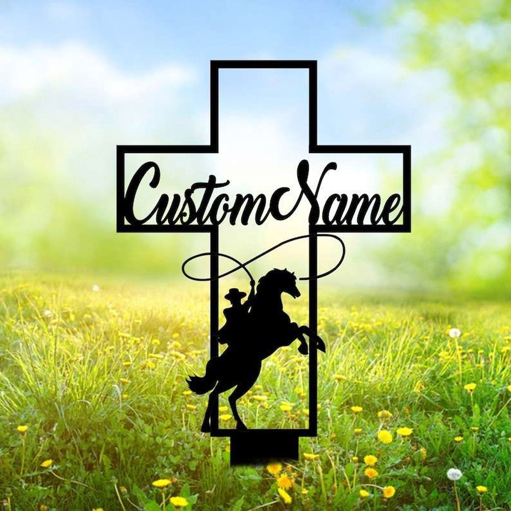 Farm Metal Sign, Personalized Cowboy Riding Horse Memorial Sign Yard Stakes Cowboy Grave Marker Cemetery Decor Custom Metal Sign