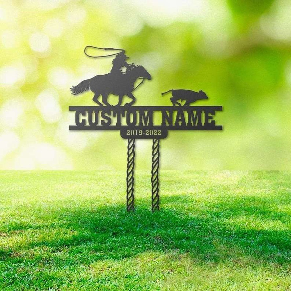 Farm Metal Sign, Personalized Cowboy Roping Memorial Sign Yard Stakes Grave Marker Cemetery Decor Custom Metal Sign