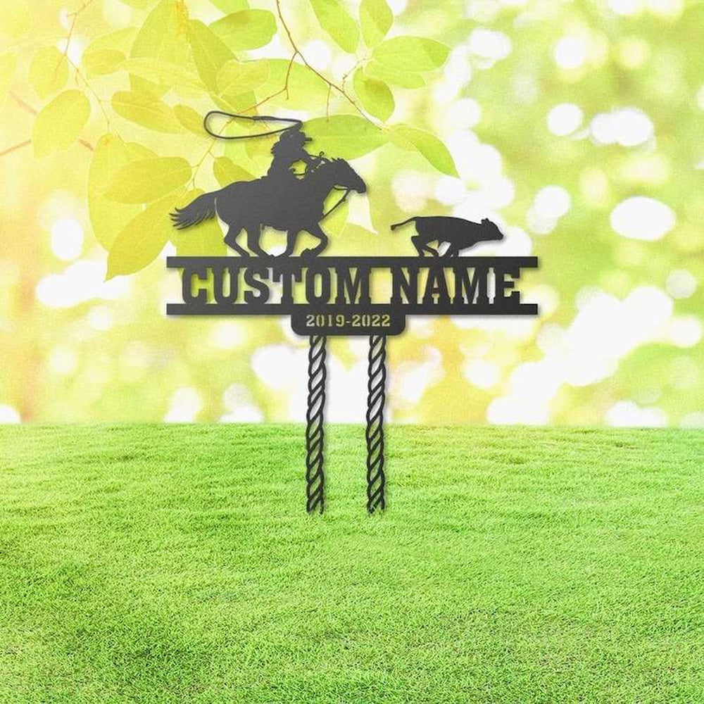 Farm Metal Sign, Personalized Cowboy Roping Memorial Sign Yard Stakes Grave Marker Cemetery Decor Custom Metal Sign