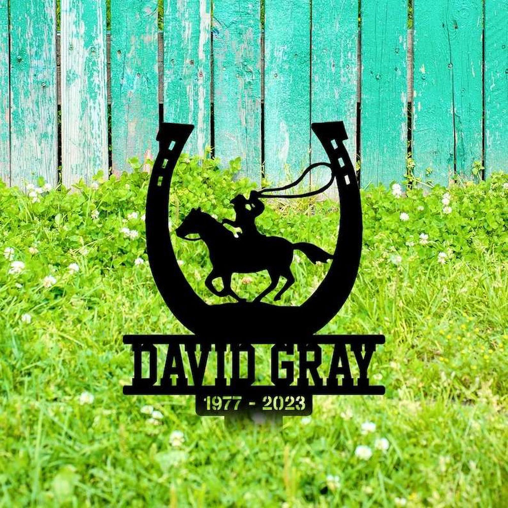 Farm Metal Sign, Personalized Cowboy With Horseshoe Memorial Sign Yard Stakes Cowboy Cowgirl Grave Marker Cemetery Decor Custom Metal Sign