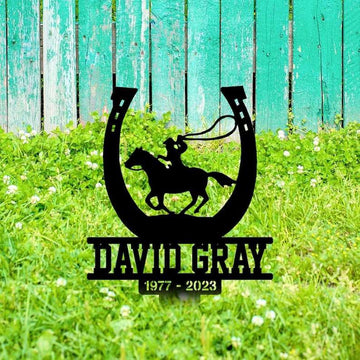 Farm Metal Sign, Personalized Cowboy With Horseshoe Memorial Sign Yard Stakes Cowboy Cowgirl Grave Marker Cemetery Decor Custom Metal Sign