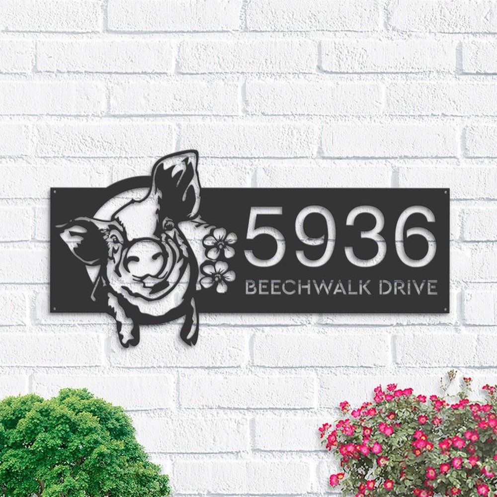 Farm Metal Sign, Personalized Cute Pig with Flower Crown Animal Ranch Address Sign House Number Plaque Custom Metal Sign
