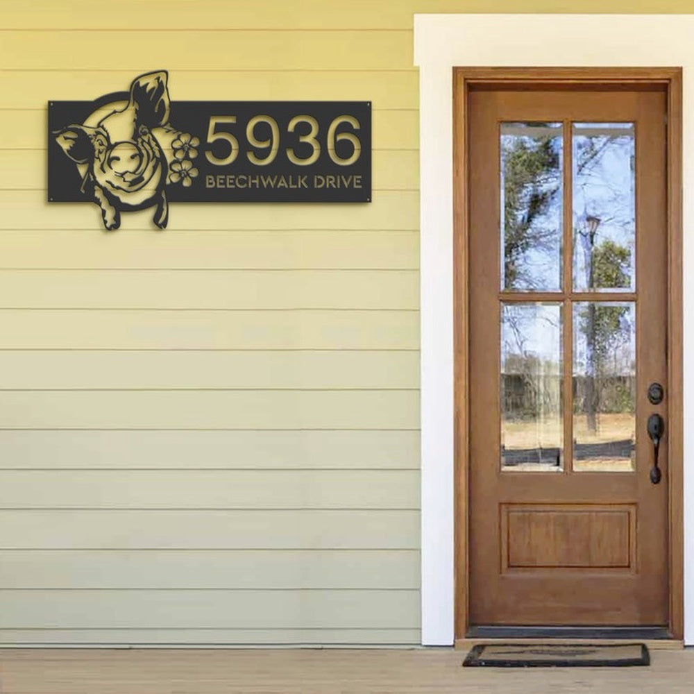 Farm Metal Sign, Personalized Cute Pig with Flower Crown Animal Ranch Address Sign House Number Plaque Custom Metal Sign