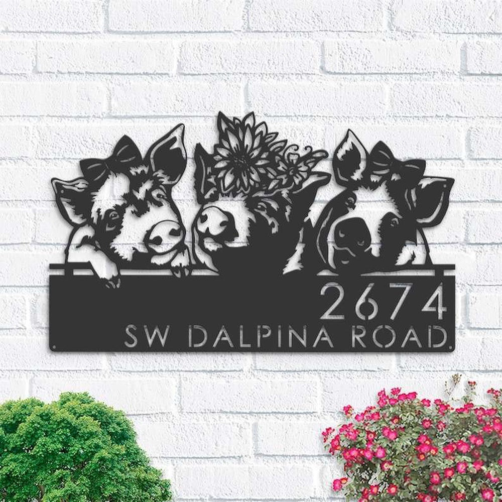 Farm Metal Sign, Personalized Cute Pigs Farmhouse Farm Animal Ranch Address Sign House Number Plaque Custom Metal Sign