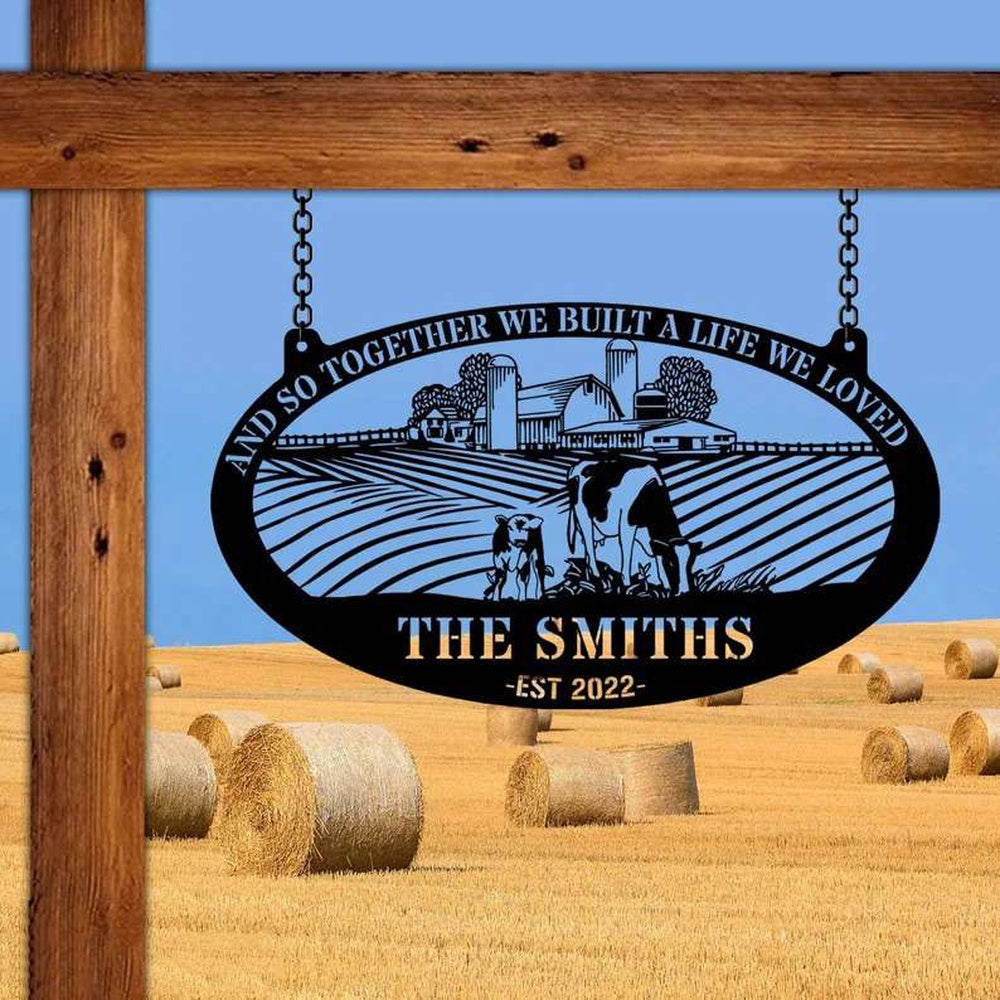 Farm Metal Sign, Personalized Dairy Cow And Calf Eating Cattle Farm Decor Metal Sign