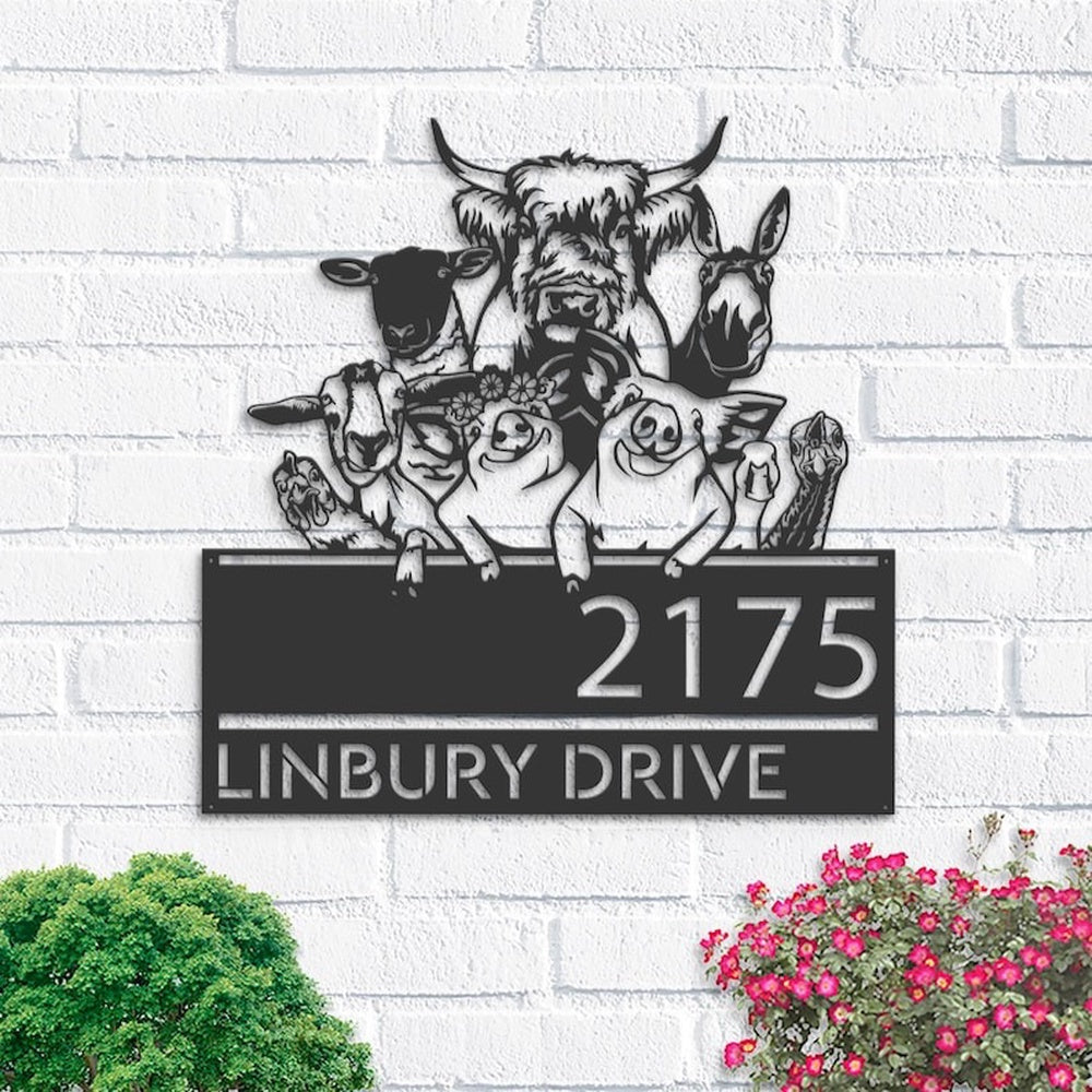 Farm Metal Sign, Personalized Farm Animals Farmhouse Ranch Address Sign House Number Plaque Custom Metal Sign