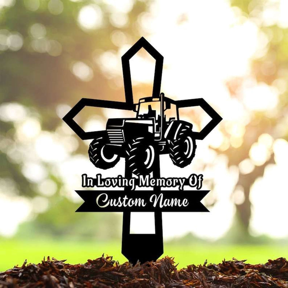 Farm Metal Sign, Personalized Farmer Tractor Memorial Sign Yard Stakes Cross Grave Marker Cemetery Decor Custom Metal Sign