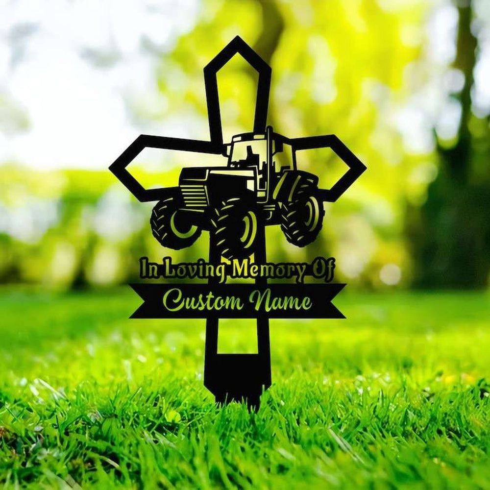 Farm Metal Sign, Personalized Farmer Tractor Memorial Sign Yard Stakes Cross Grave Marker Cemetery Decor Custom Metal Sign