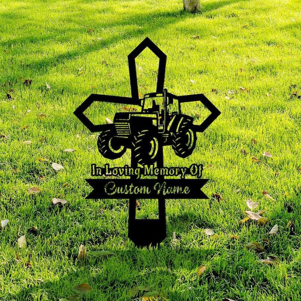 Farm Metal Sign, Personalized Farmer Tractor Memorial Sign Yard Stakes Cross Grave Marker Cemetery Decor Custom Metal Sign