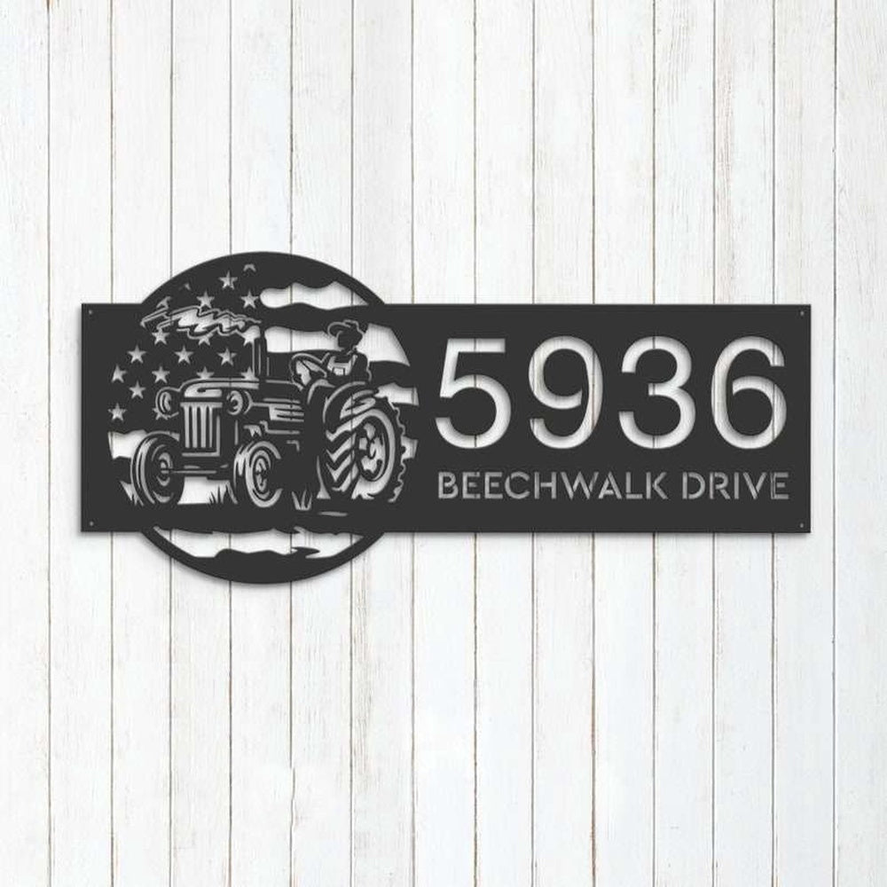 Farm Metal Sign, Personalized Farmer on Tractor USA Flag Address Sign House Number Plaque Custom Metal Sign